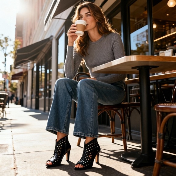 Vince Camuto Peep Toe Leather Ankle Booties Black 6M - Picture 2 of 11